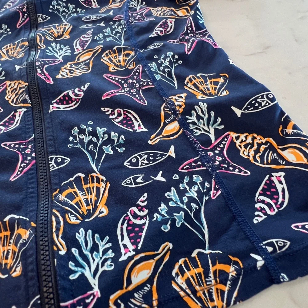 Garnet Hill Kids Size 12 Navy‎ Blue Seashell Starfish Rash Guard Swim Zip